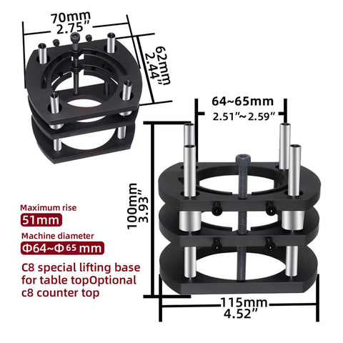 Router Lift Base For Small Milling And Trimming Machines With 4 Jaw Clamping Built Tough From Aluminum Alloy And Stainless Steel, Metal Milling Table Lifting System, Lift Up To 54mm, Clamp Diameter 64 To 66mm Black, dimension view