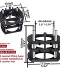 Heavy Duty Aluminum Router Lift Featuring Rock Solid Four Jaw Clamping And Smooth Adjustable Height Design With Rust Resistant Steel Rod For Badass Woodworking Projects, black lifting base with size dimensions.