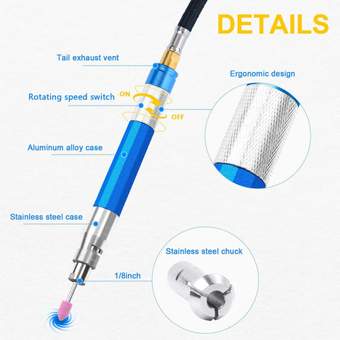 Detailed view of Heavy Duty 18 Piece Pneumatic Air Die Grinder Rig with aluminum alloy case and stainless steel chuck.