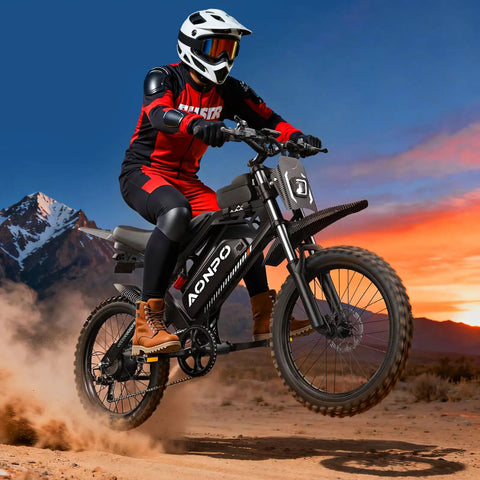 Rider on Powerful 2000W Electric Dirt Bike For Adults With 48V 18Ah Battery 110Nm Torque Pedal Assist in desert landscape