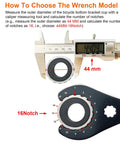 Diagram showing how to measure a 44mm 16Notch bike bottom bracket using calipers. Part of the Bike Bottom Bracket Removal Tool Set.