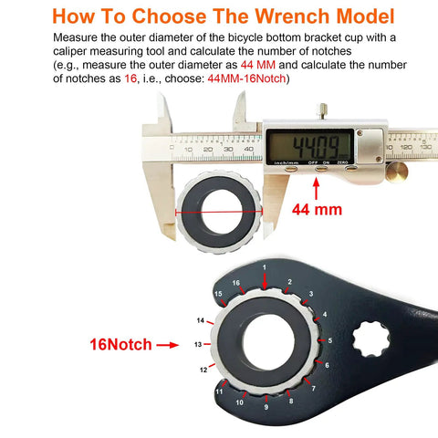 Diagram showing how to measure a 44mm 16Notch bike bottom bracket using calipers. Part of the Bike Bottom Bracket Removal Tool Set.