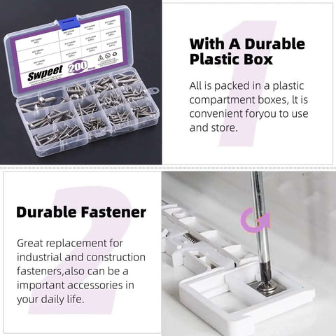 200Pcs Self Tapping Screws Set With Phillips Truss Head for Wood Metal PVC Plastic Stainless Steel 304 in storage box