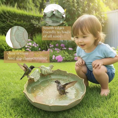 Child beside green Ceramic Bird Bath Bowl For Outdoors Green Ground Bird Bath For Garden Lawn Deck Balcony Patio Durable Outdoor Bird Waterer For Birds Easy To Clean Sturdy Lightweight Bowl Backyard Friendly with two ceramic birds and two real birds enjoying water.