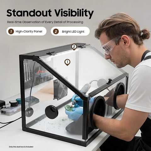 Fully Enclosed Electric Dust Box And Heavy Duty Debris Hauler For Workshop Rig And Commercial Cleanup Jobs No Fuss Operation With Dust Proof Storage Bin For Industrial Craft Spaces, with clear panels and LED light.