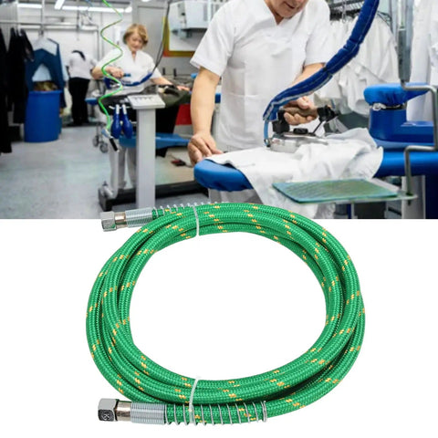 Ultra Flexible High Temp Steam Hose 9.8 Feet For Steam Irons green silicone tubing shown with ironing scene