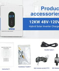 12000W Solar Hybrid Inverter 48V DC To 120V And 240V AC with accessories including cables, manual, and installation toolkit