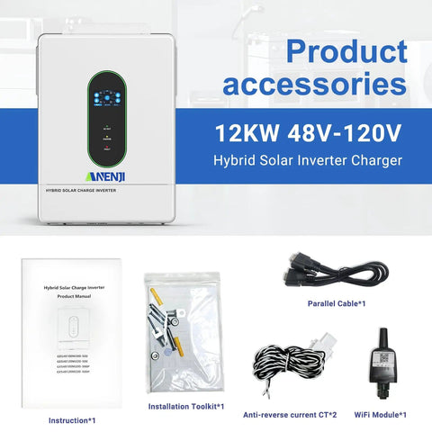 12000W Solar Hybrid Inverter 48V DC To 120V And 240V AC with accessories including cables, manual, and installation toolkit