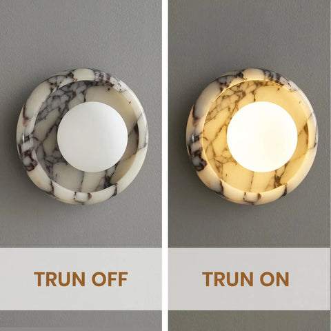 Alabaster Wall Sconce, 7.5" Natural Marble Wall Lamp with Milk Glass Shade, off and on lighting views.