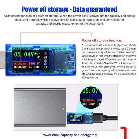 USB 3.0 Power Meter Tester 3.7V To 30V 0 To 4A Real Time Voltage And Current Monitor with IPS Color Display connected to power bank