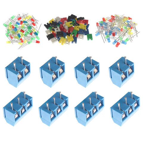 Over 800 Pieces DIY Electronics Kit With Double Sided PCBs showing assorted LEDs and terminal blocks for soldering practice