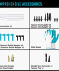 Image shows components of 3L Pneumatic Brake Bleeder Vacuum Pump Kit For One Person Operation With Work Gloves And 23 Piece Adapters