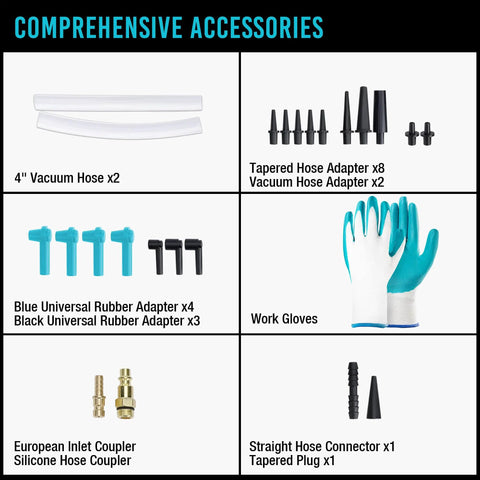 Image shows components of 3L Pneumatic Brake Bleeder Vacuum Pump Kit For One Person Operation With Work Gloves And 23 Piece Adapters