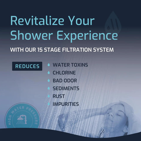 Text highlighting benefits of hard water shower filter for softer skin, healthier hair, and stronger nails removing chlorine and metals.