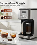 14-Cup Programmable Drip Coffee Maker With Normal And Strong Brew For Home Or Office, Glass Carafe, 2-Hour Keep Warm, Pause And Serve, Auto Shut Off, Silver on kitchen counter