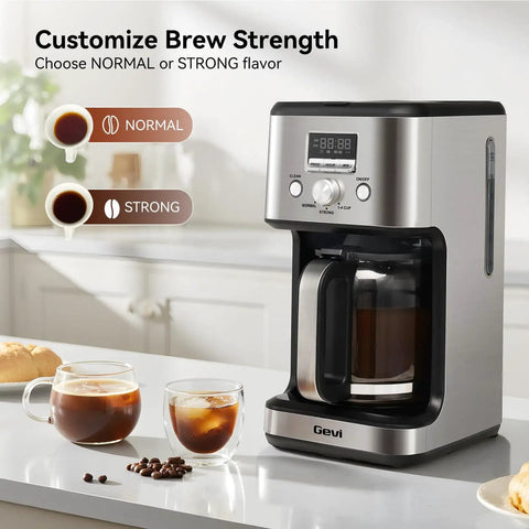 14-Cup Programmable Drip Coffee Maker With Normal And Strong Brew For Home Or Office, Glass Carafe, 2-Hour Keep Warm, Pause And Serve, Auto Shut Off, Silver on kitchen counter