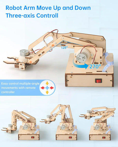 Hands On Robotic Arm Kit For Kids And Teens Aged 8 To 16, Totally Fun Kid Friendly STEM Toy For Learning Coding, Motors, Microcontroller, Circuits, And DIY Engineering Projects. Wooden robotic arm kit with base, motors, and remote control