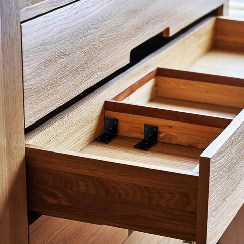 Heavy Duty Chrome Coated Iron Corner Brackets With Mounting Screws are shown inside a wooden drawer for furniture assembly.