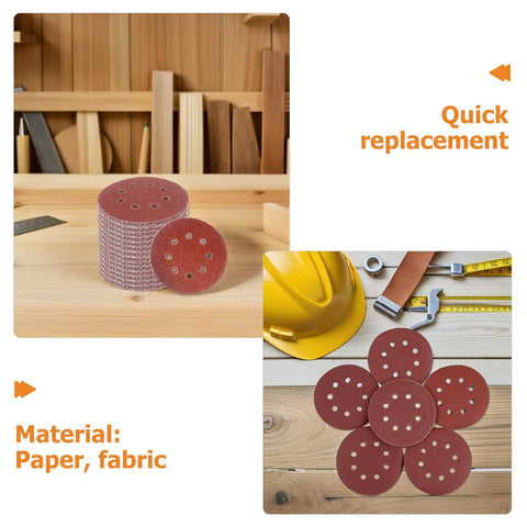 Get Your Workshop Ready With 150 Pc Grit Sanding Discs For Electric Sanders, Featuring 8 Holes And Loop Hook Design on a wooden surface.