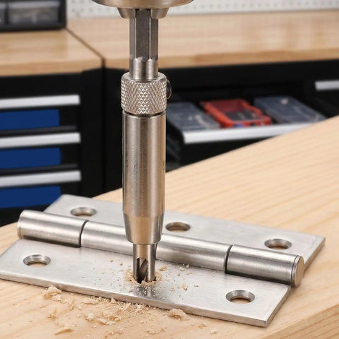 Get Your Hinge Drilling Game Strong With This 4Pc Self Centering Drill Bit Kit drilling through a metal hinge on a wooden surface.