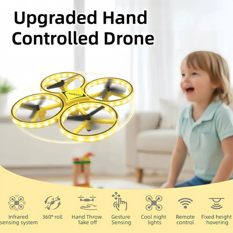 Kids Hand Controlled Drone With Gesture Sensing And Smart Watch Control LED Light Show Quad Copter in living room.
