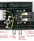 Internal view of Mini 3 Tankless Water Heater On Demand Hot Water, showing wiring, flow switch, and nichrome heating system.