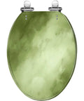 Quiet Close Elongated Toilet Seat for Bathroom in smooth green finish, top view with chrome hinges, ideal for modern bathrooms.