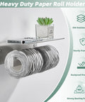 Double Toilet Paper Holder With Shelf In 304 Stainless Steel Brushed Nickel Finish, holding two rolls, phone, and plant