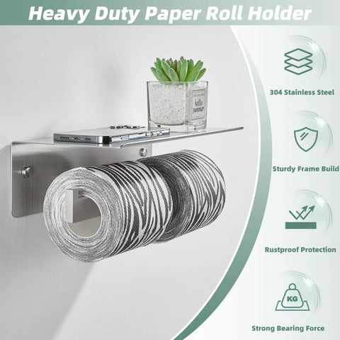 Double Toilet Paper Holder With Shelf In 304 Stainless Steel Brushed Nickel Finish, holding two rolls, phone, and plant