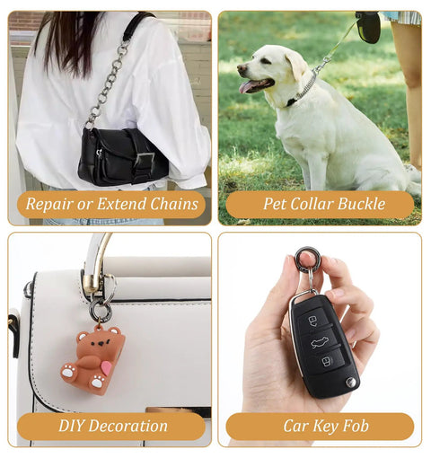 Mini Carabiner Clips Pack Of 20 For Keys And Gear, showing diverse uses: purse strap, dog collar, charm, key fob