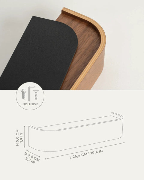 Top view and diagram of Walnut Wall Mounted Key Holder With Wooden Shelf, Minimalist Modern Key Rack For Entryway Organizer