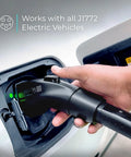 Hand using Tesla To J1772 EV Charging Adapter Converter NACS, 48 Amp At 240V for J1772 cars with Tesla charger