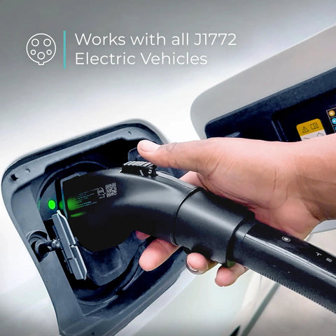 Hand using Tesla To J1772 EV Charging Adapter Converter NACS, 48 Amp At 240V for J1772 cars with Tesla charger