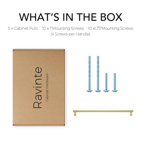 No Cap Required With These Brushed Gold Kitchen Cabinet Pulls Featuring 12 And 3/5 Inch Hole Centers Bang For Your Buck Zinc Alloy Drawer Handles For Total Space Glow Ups In A 5 Pack Bundle with screws and packaging.