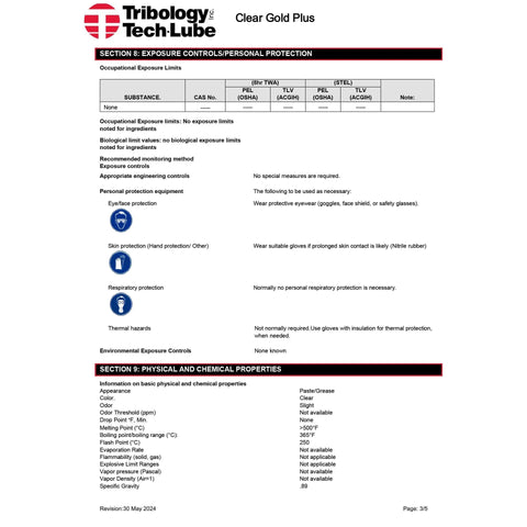 Clear Gold Plus Do It All PTFE Grease 3.5 Oz NSF H1 Food Grade Multi Purpose Lubricant information sheet