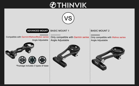 Comparison of advanced and basic Out Front Extended Bike Computer Mount For Wahoo Elemnt Mini Bolt Roam GPS with adjustable CNC aluminum mount.