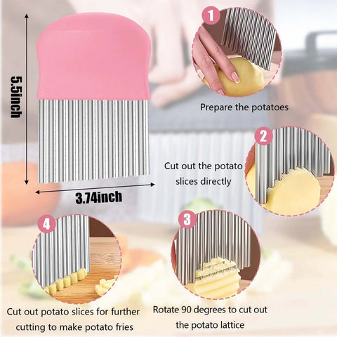 Front view of pink 5.5-inch stainless steel wavy crinkle cutter with non-slip handle for potatoes.