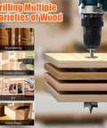 PINOZE 14-piece spade drill bit set with 6-inch extension used with a cordless drill on stacked plywood boards