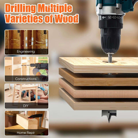 PINOZE 14-piece spade drill bit set with 6-inch extension used with a cordless drill on stacked plywood boards