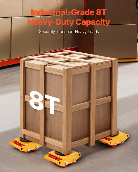 Beefy 4 Pack Heavy Duty Machinery Skates Dollies For Moving Up To 17,637 Lbs With 4 PU Wheels under a wooden crate