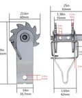 Diagram of Heavy Duty Inline Wire Tensioner Kit for Electric Fences and Farm Fencing showing dimensions and rugged ratchet parts