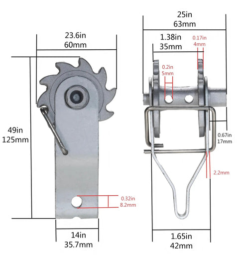 Diagram of Heavy Duty Inline Wire Tensioner Kit for Electric Fences and Farm Fencing showing dimensions and rugged ratchet parts