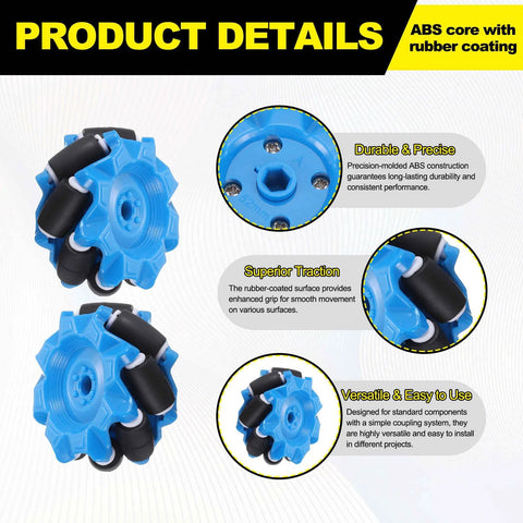 52mm mecanum wheel set for robotics with ABS and rubber for precise and versatile robot movement in various projects.