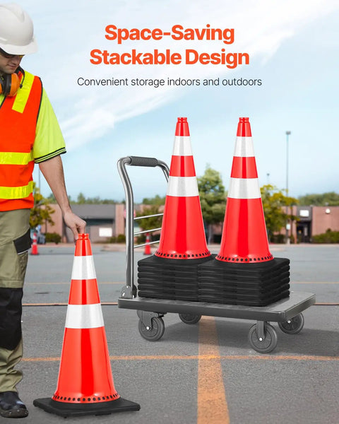 Stacked Eight Pack 30 Inch PVC Safety Cones With Reflective Collars And Black Weighted Bases for Traffic Control