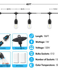 Diagram of 2-Pack 96Ft Outdoor String Lights With Waterproof Dimmable LED Bulbs 5000K Daylight White S14 Filament, showing dimensions and features.