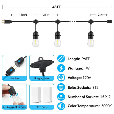 Diagram of 2-Pack 96Ft Outdoor String Lights With Waterproof Dimmable LED Bulbs 5000K Daylight White S14 Filament, showing dimensions and features.