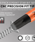 Premium 10 Pack 8 Point Torx Star And Double Square Bit Set With Magnetic Heads, CNC precision fit tip displayed.