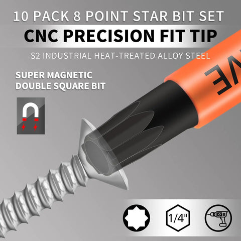 Premium 10 Pack 8 Point Torx Star And Double Square Bit Set With Magnetic Heads, CNC precision fit tip displayed.