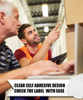 Two people discussing clear self adhesive design near boxes, featuring 1500 Count Clear Packing List Envelopes 7x10 Inches Self-Adhesive Shipping