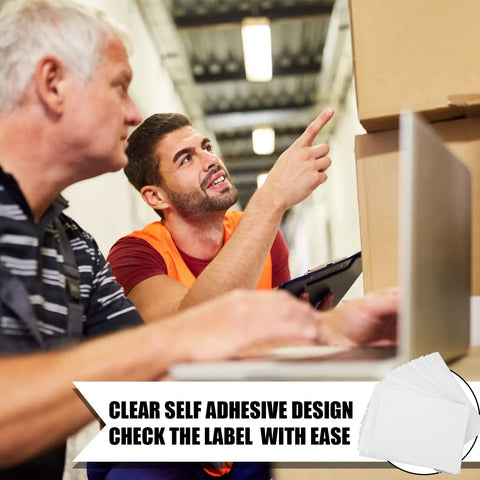 Two people discussing clear self adhesive design near boxes, featuring 1500 Count Clear Packing List Envelopes 7x10 Inches Self-Adhesive Shipping